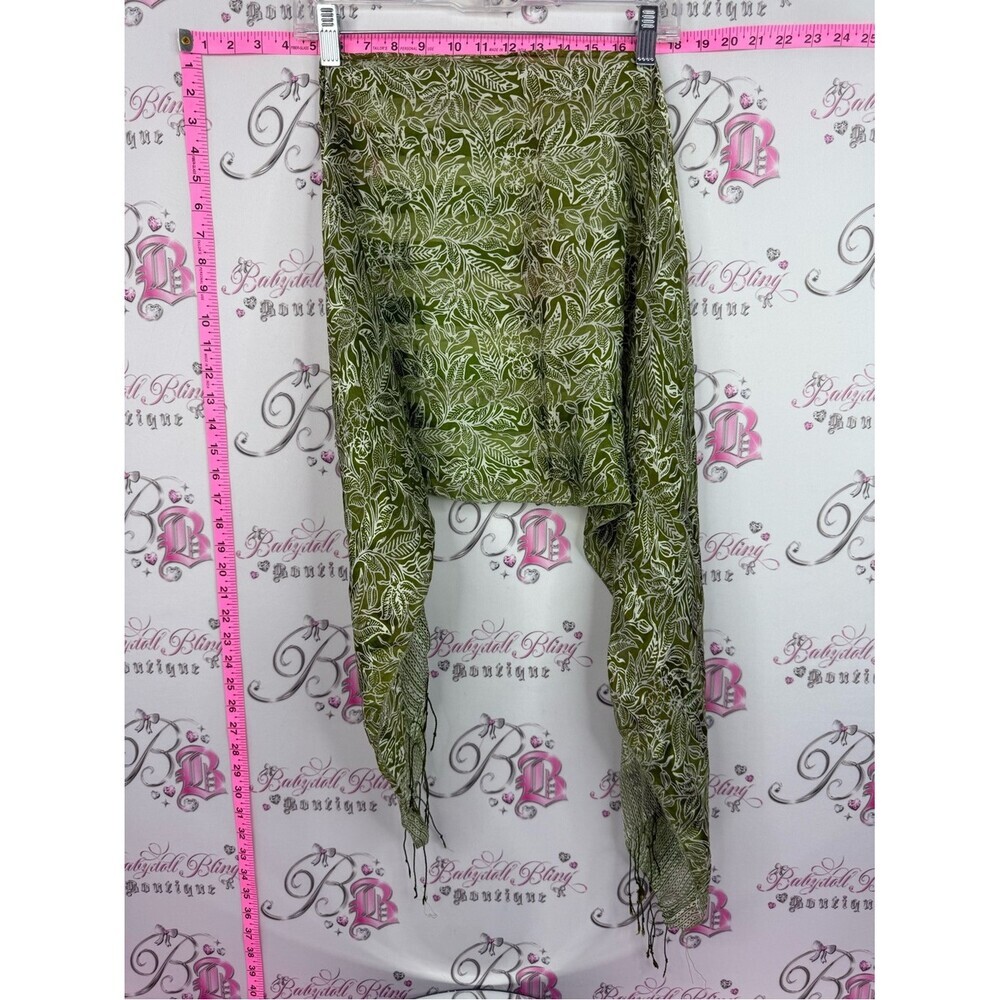 Scarf tassle Lightweight Olive Green Leaf Print Scarf - Women Accessories